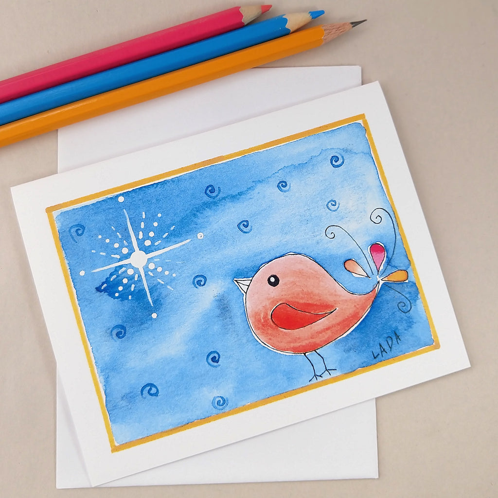 Red Bird With Star - Blank Note Card