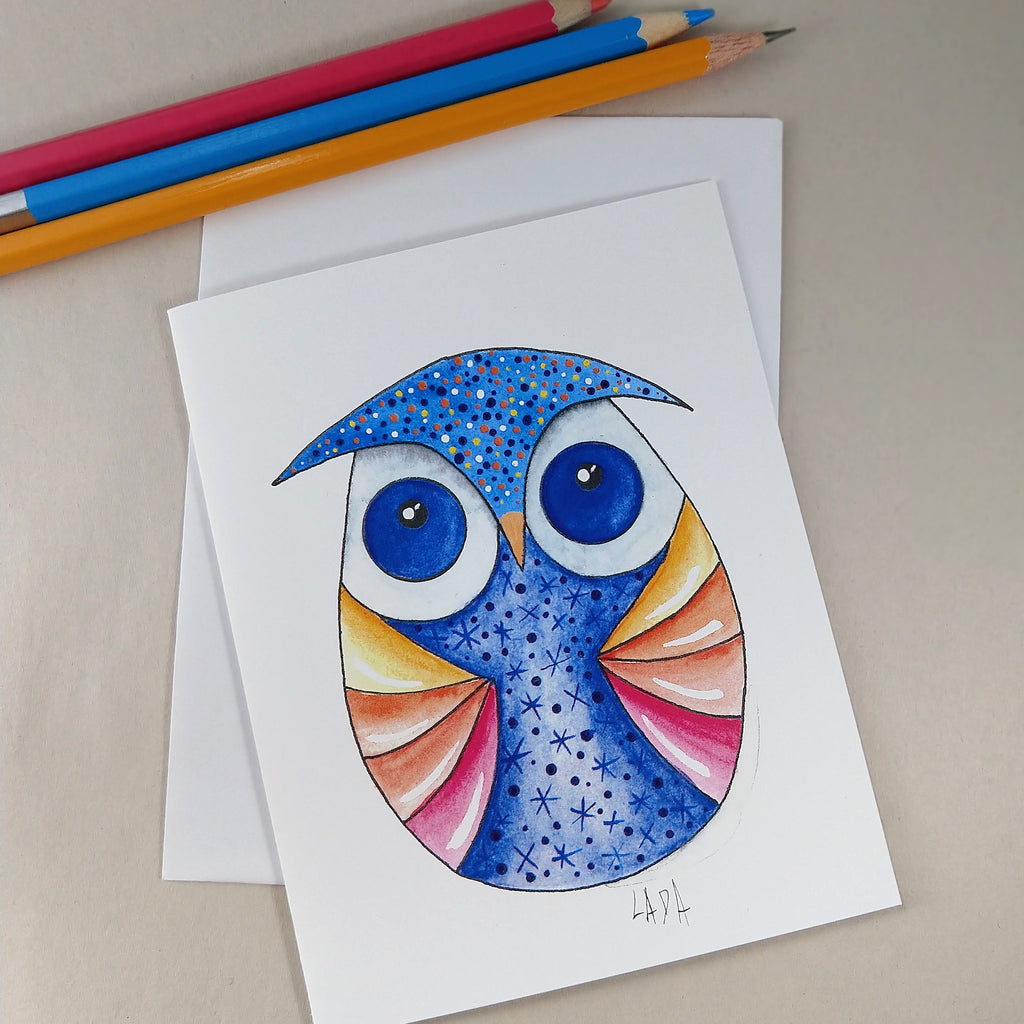 Whimsical Owl - Blue - Blank Note Card
