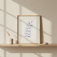 Garden Whispers #21 botanical painting displayed on a sunlit pale oak picture ledge
