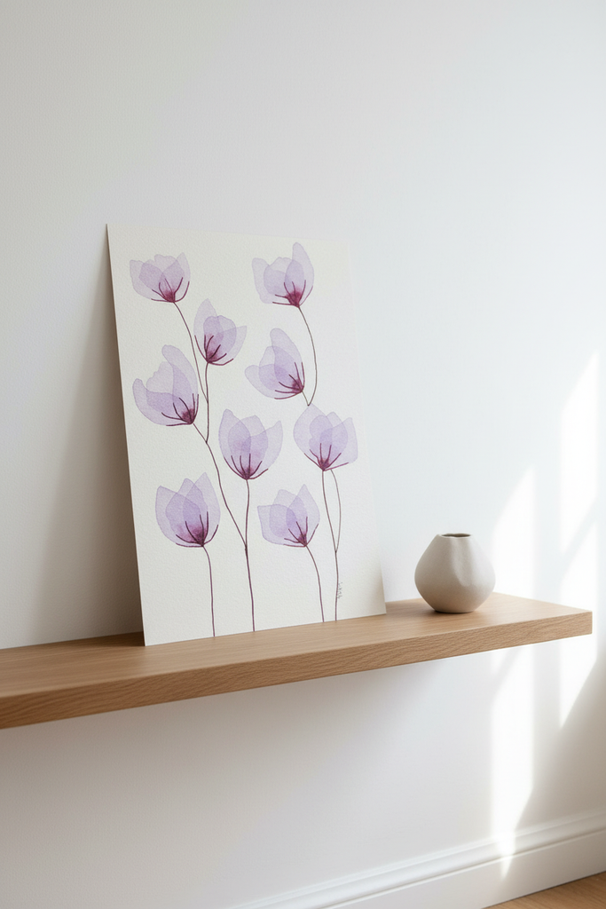 Original purple flower botanical artwork leaning on a light oak wood shelf