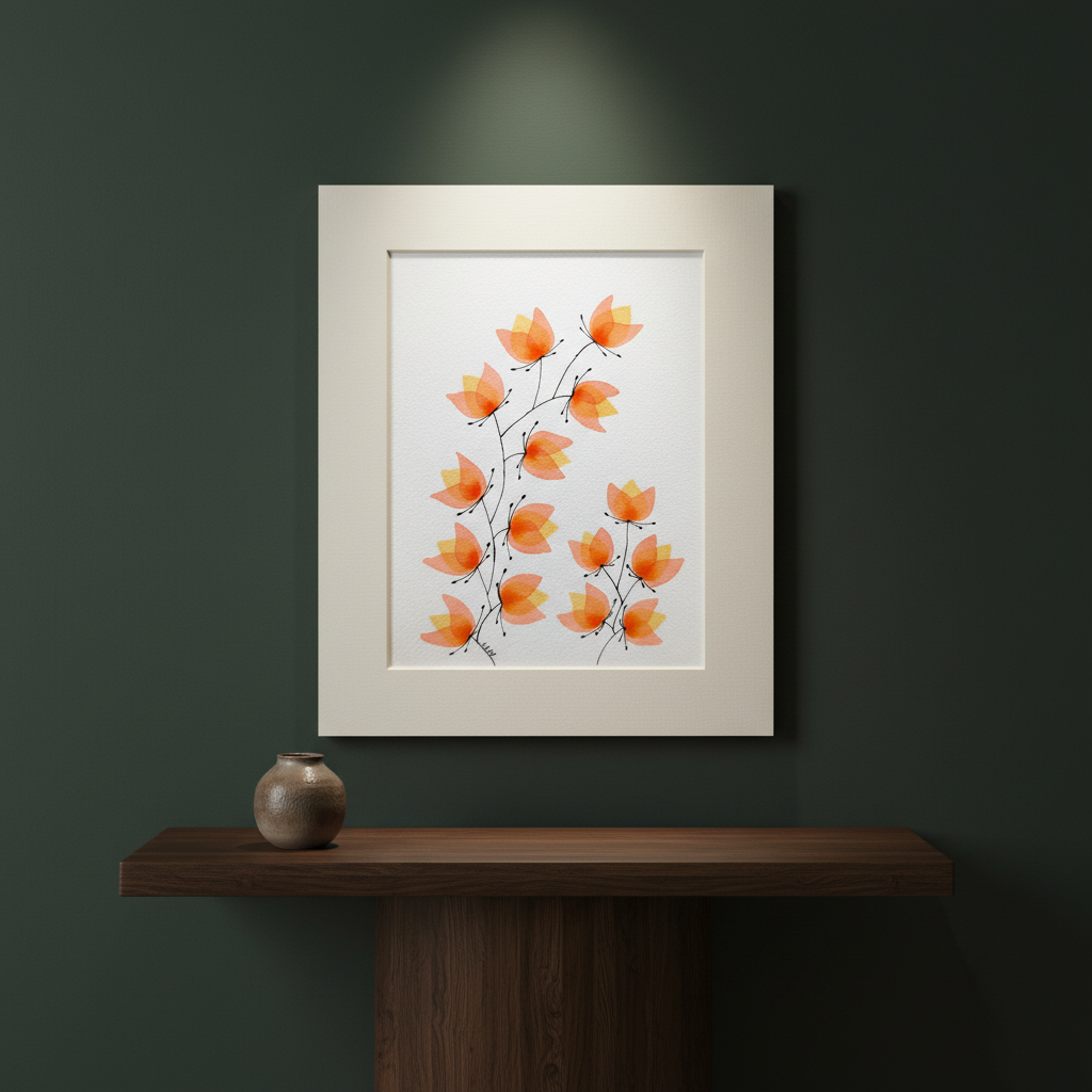 Garden Confetti #24 botanical painting displayed on a dark oak console against a forest-green wall