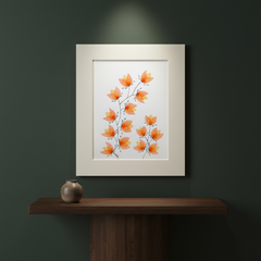 Garden Confetti #24 botanical painting displayed on a dark oak console against a forest-green wall