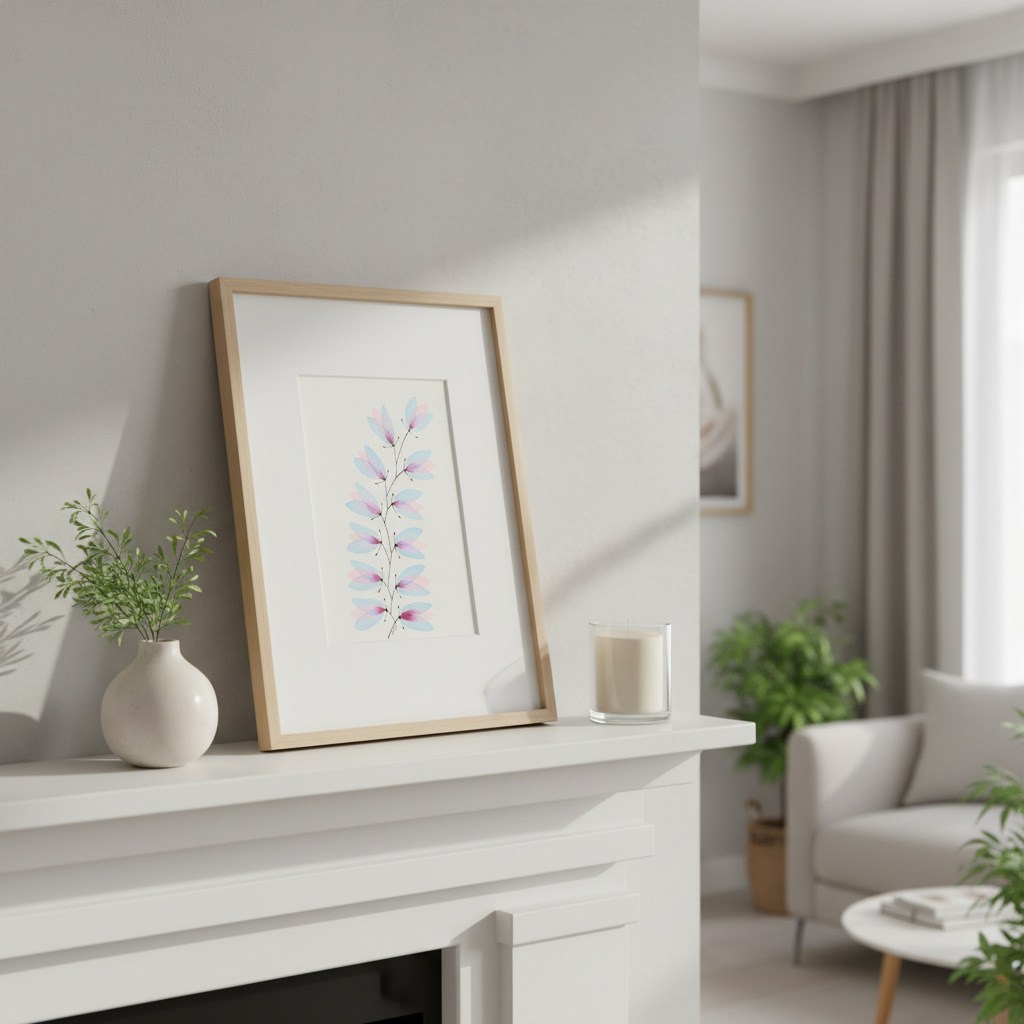 Blue and pink botanical ink painting framed on a bright white fireplace mantle