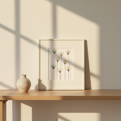 Wildflower Waltz #23 botanical painting displayed on a pale oak console in soft daylight
