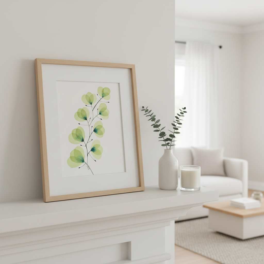 Sage green leaf botanical ink painting framed on a bright white fireplace mantle