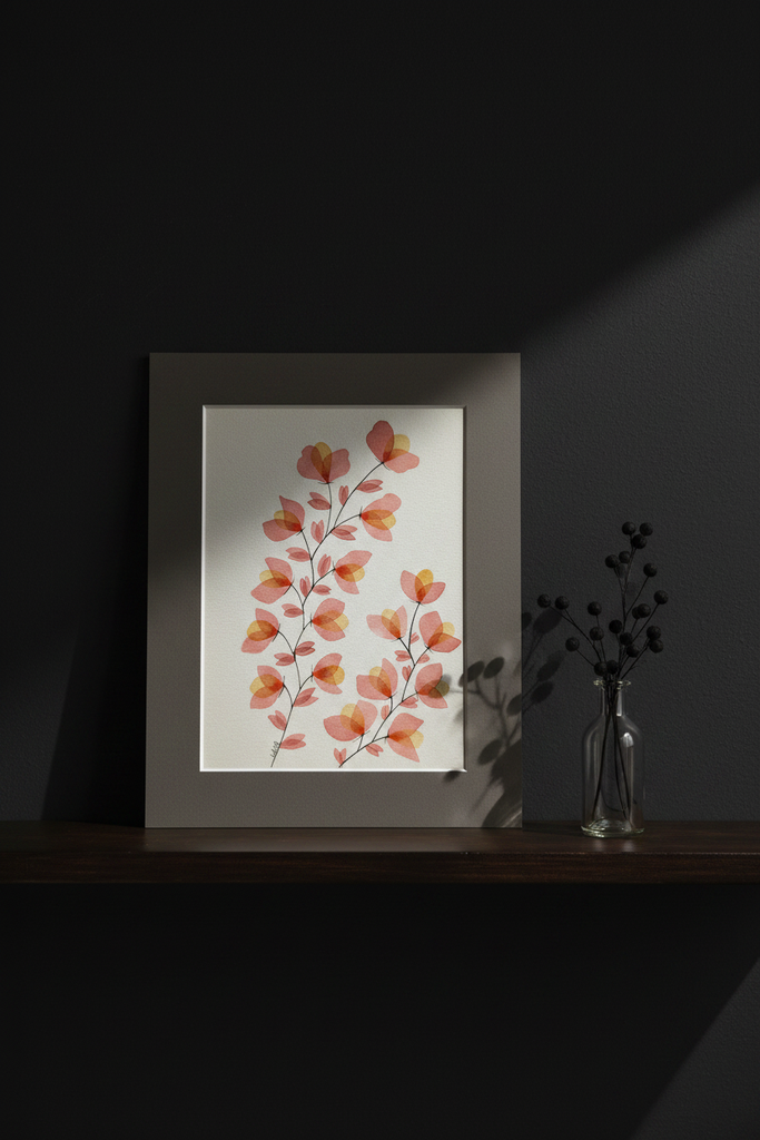 Pink Blossom Branch botanical artwork on a dark moody shelf