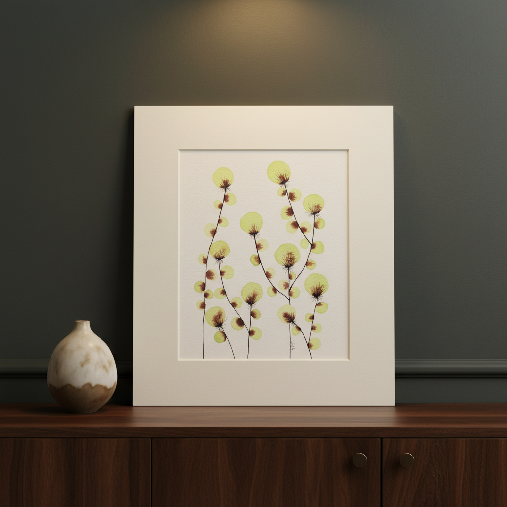 Garden Melody #28 botanical painting displayed on a dark walnut sideboard against a moss-charcoal wall
