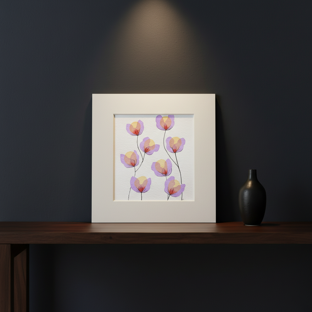 Joyful Garden #29 botanical painting displayed on a dark walnut console against a navy-charcoal wall