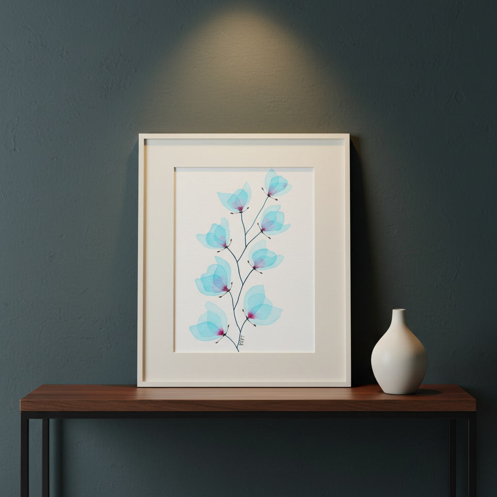 Dancing Petals #27 botanical painting displayed on a dark walnut console against a teal-charcoal wall