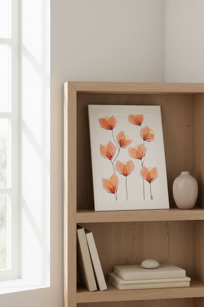 Peach Bloom #3 botanical artwork on a light minimal shelf