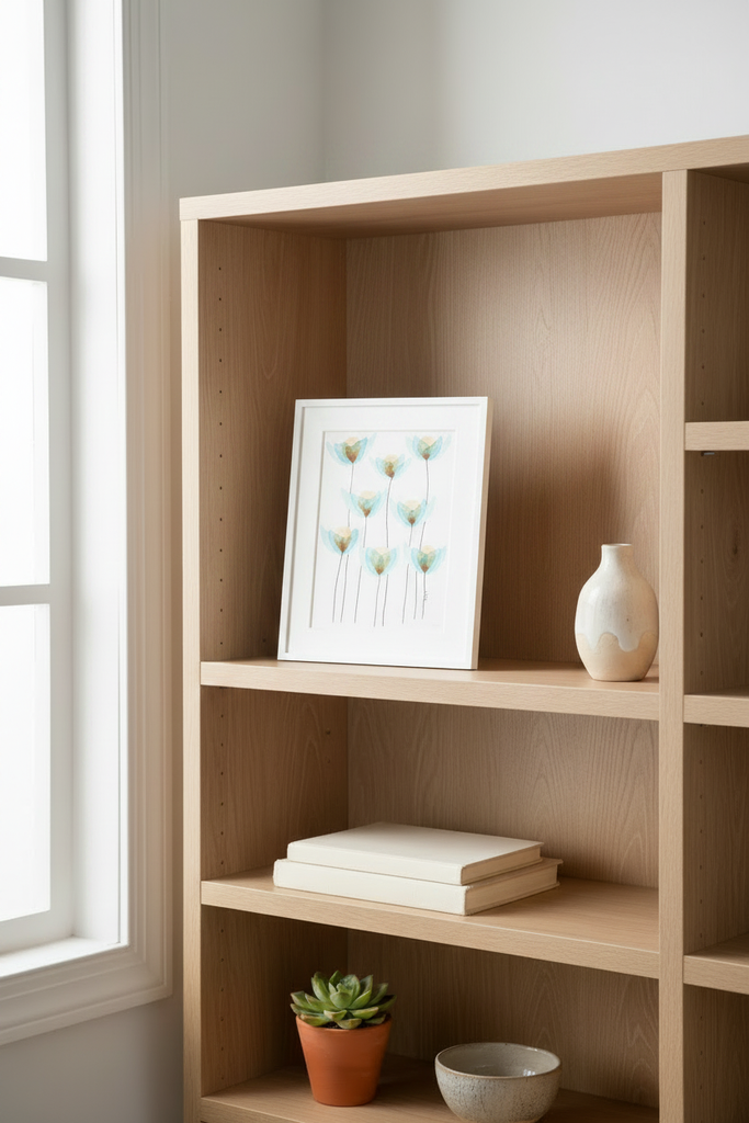 Small matted blue flower botanical artwork leaning on a light airy bookshelf