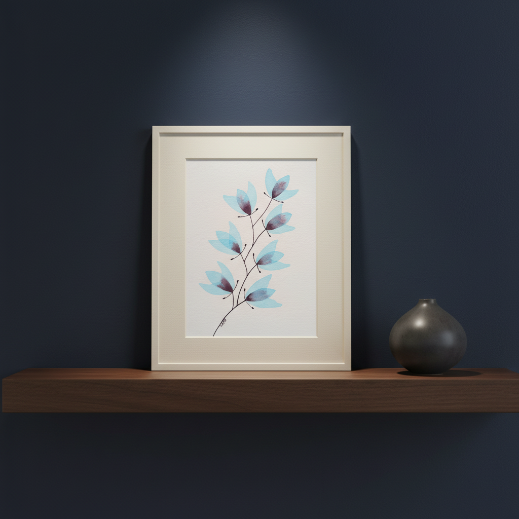 Blooming Chorus #25 botanical painting displayed on a dark walnut shelf against a midnight-blue wall