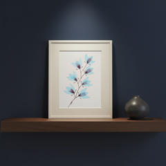 Blooming Chorus #25 botanical painting displayed on a dark walnut shelf against a midnight-blue wall