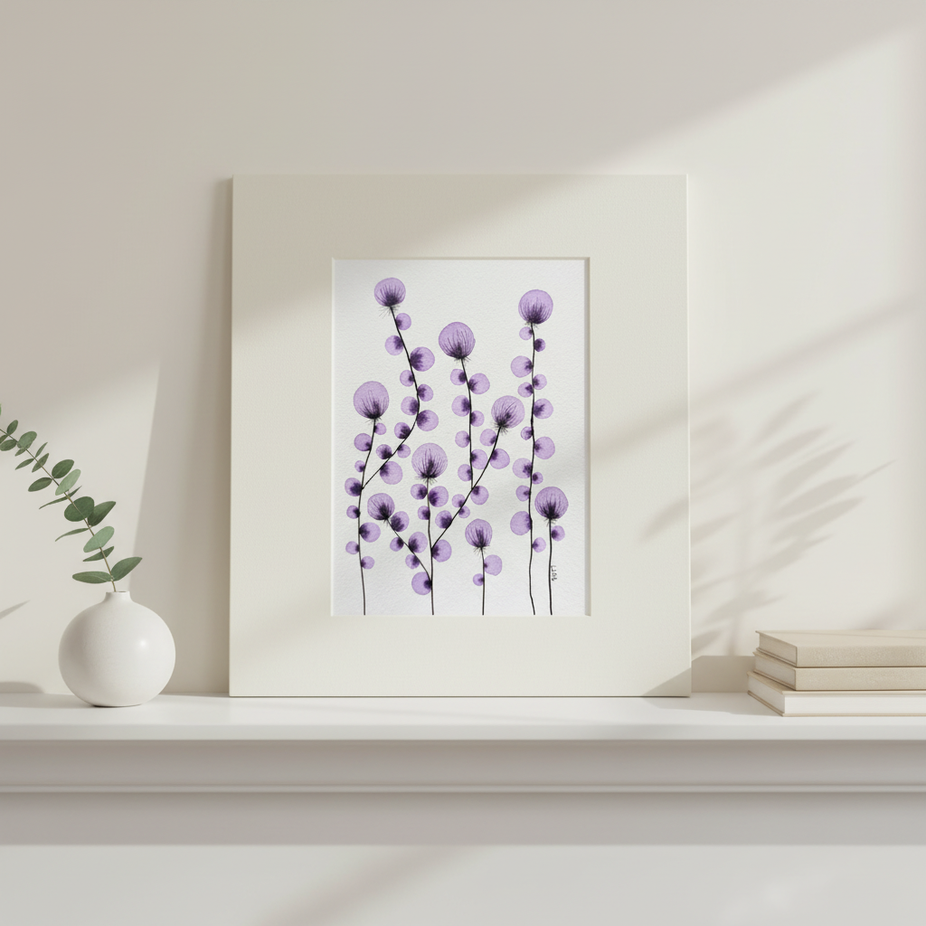 Blooming Celebration #30 botanical painting displayed on a bright cream fireplace mantle