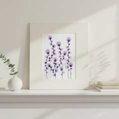 Blooming Celebration #30 botanical painting displayed on a bright cream fireplace mantle
