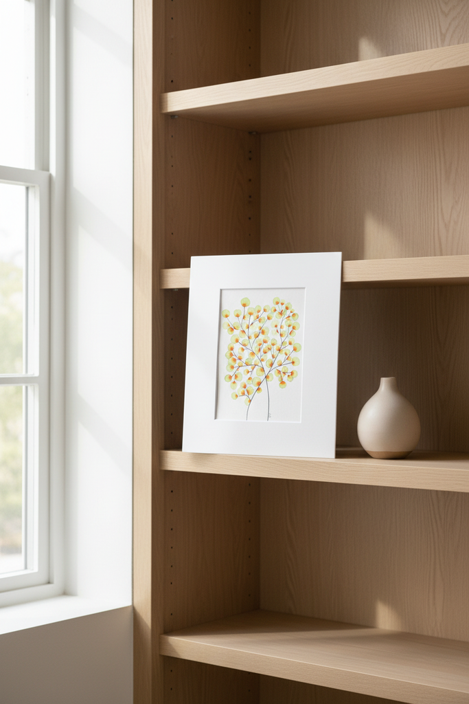 Green and orange tree botanical artwork on a light minimal shelf