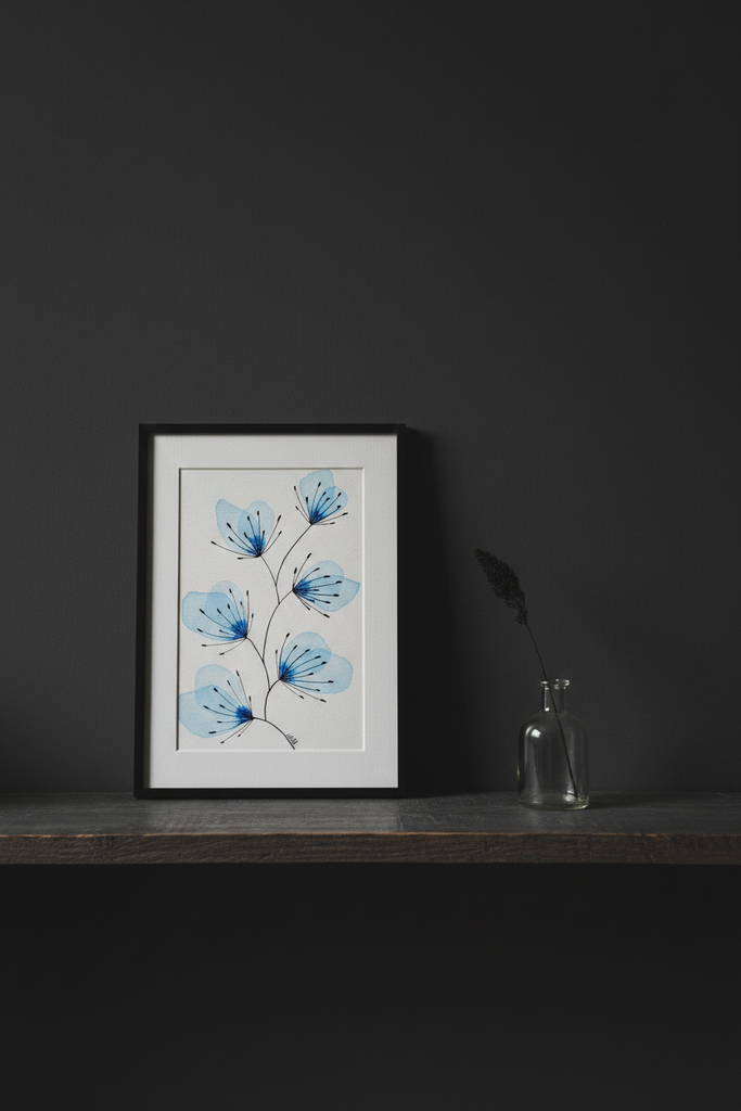 Blue leaves botanical artwork on a dark moody shelf