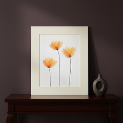 Petal Parade #26 botanical painting displayed on a dark mahogany console against an aubergine wall