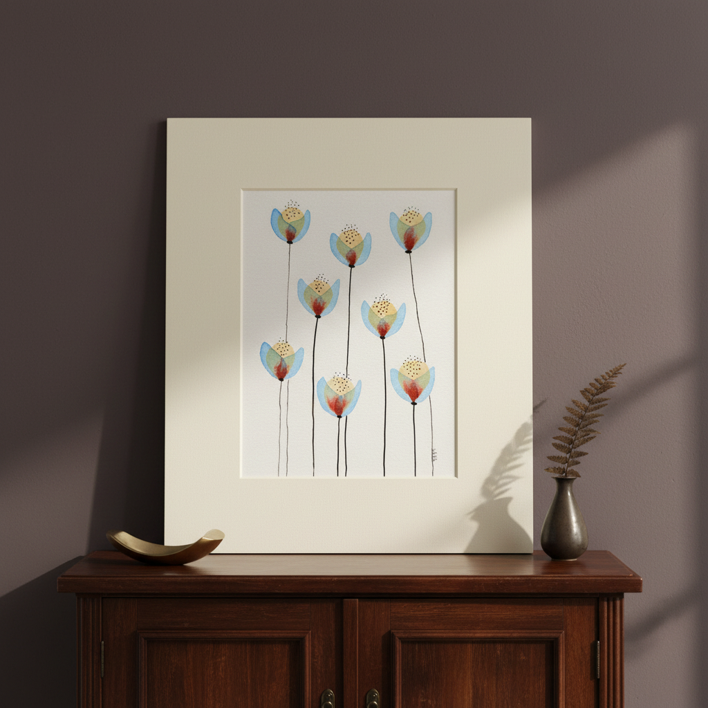 Wildflower Waltz #23 botanical painting displayed on a dark wood cabinet