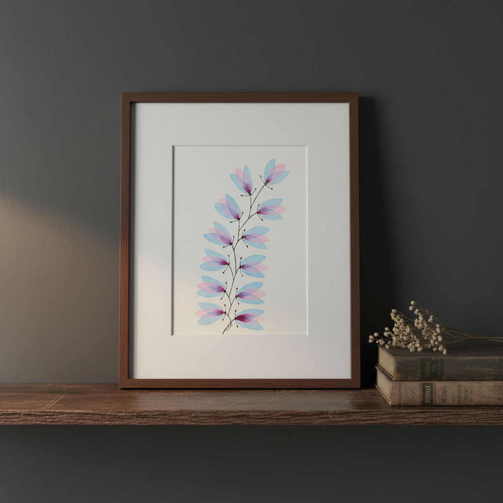 Blue and pink botanical ink painting framed on a dark moody wooden shelf