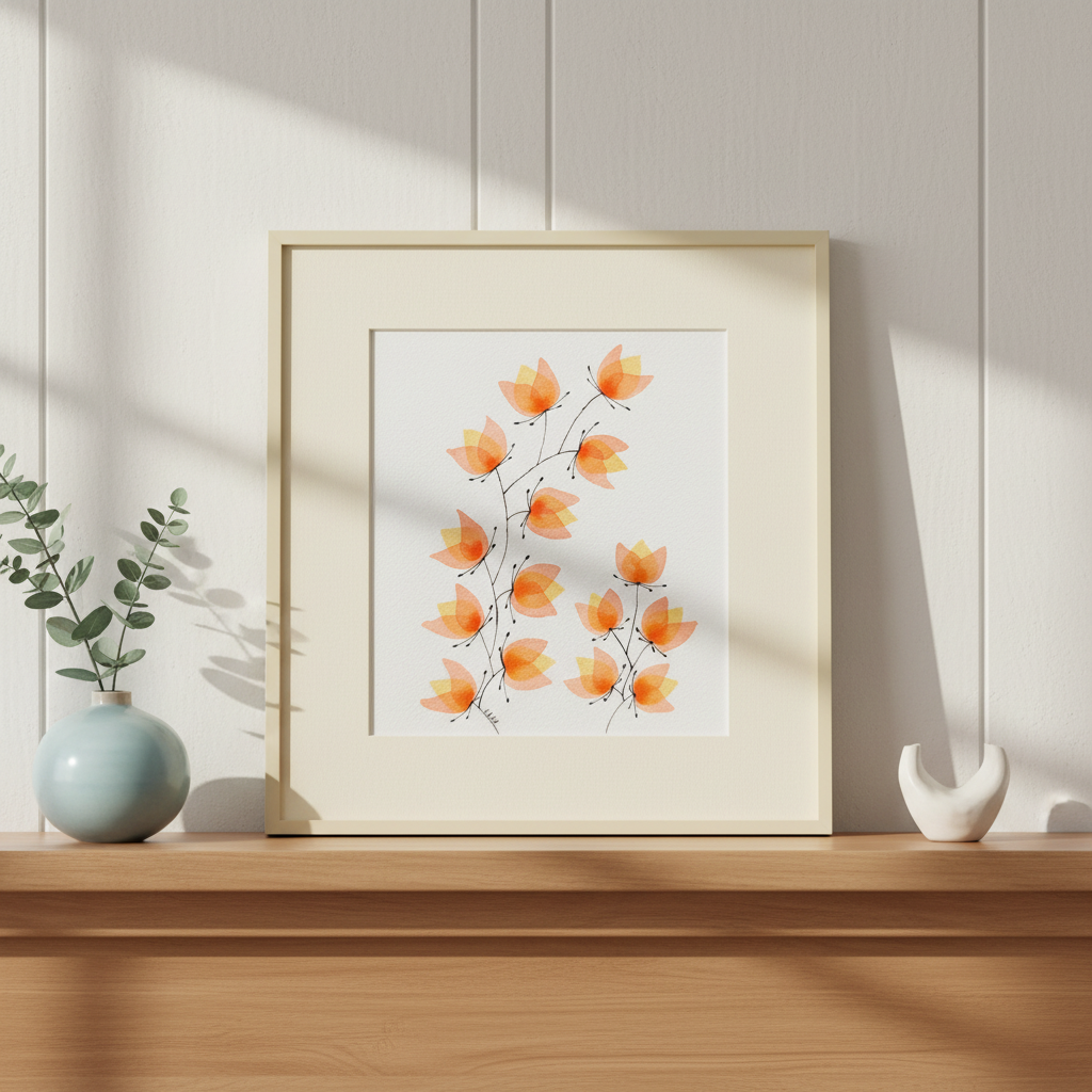 Garden Confetti #24 botanical painting displayed on a bright cream fireplace mantle