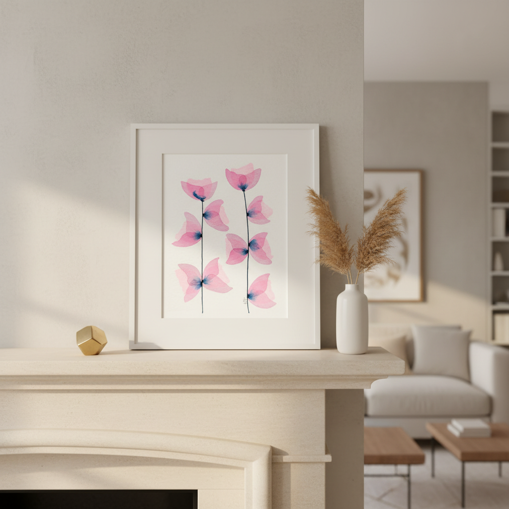 Pink Botanical Bloom #20 acrylic ink painting displayed on a bright cream mantle