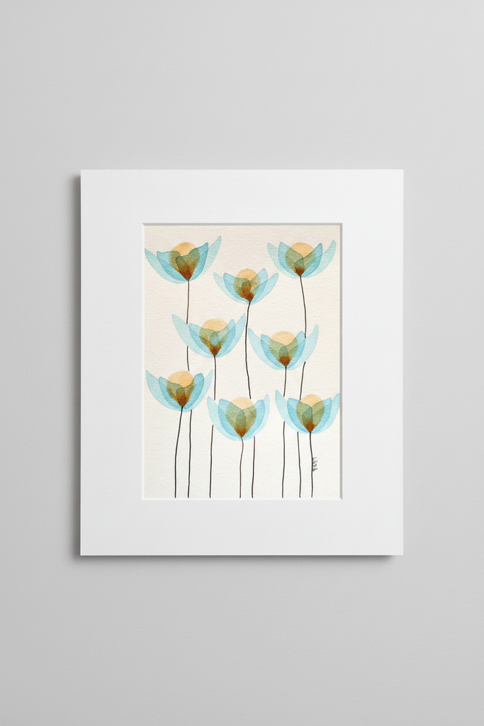 Blue and gold flower botanical artwork in white mat on neutral background