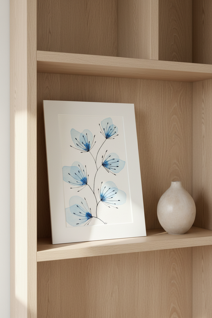 Blue leaves botanical artwork on a light minimal shelf