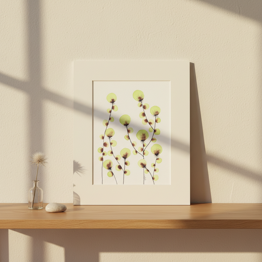 Garden Melody #28 botanical painting displayed on a light oak console in soft daylight