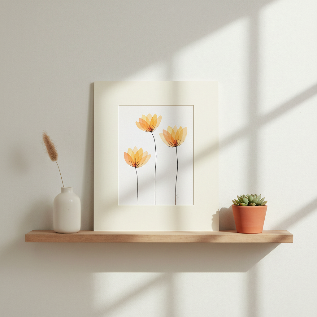 Petal Parade #26 botanical painting displayed on a pale oak picture ledge in natural daylight