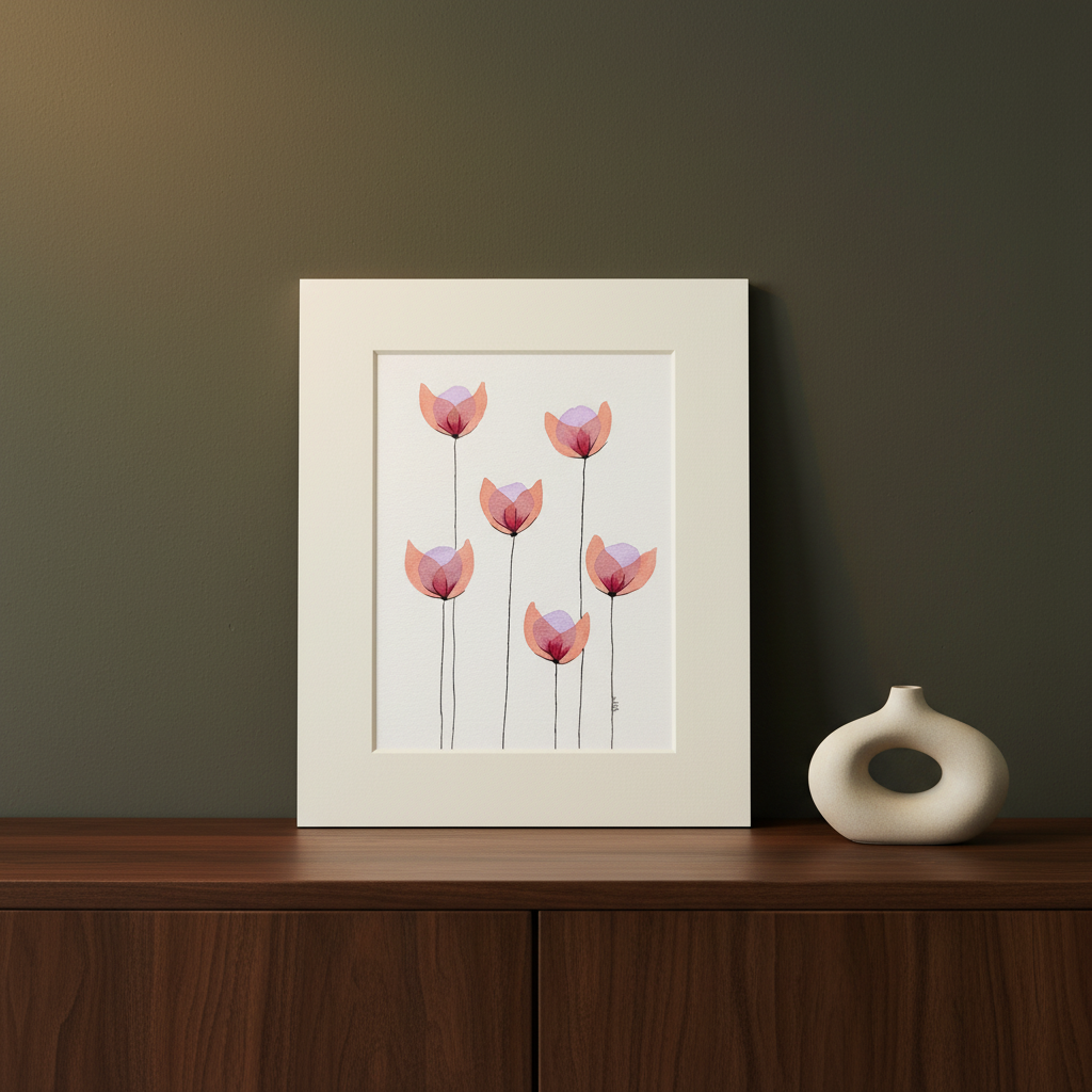 Petal Daydream #22 botanical painting displayed on a dark walnut sideboard