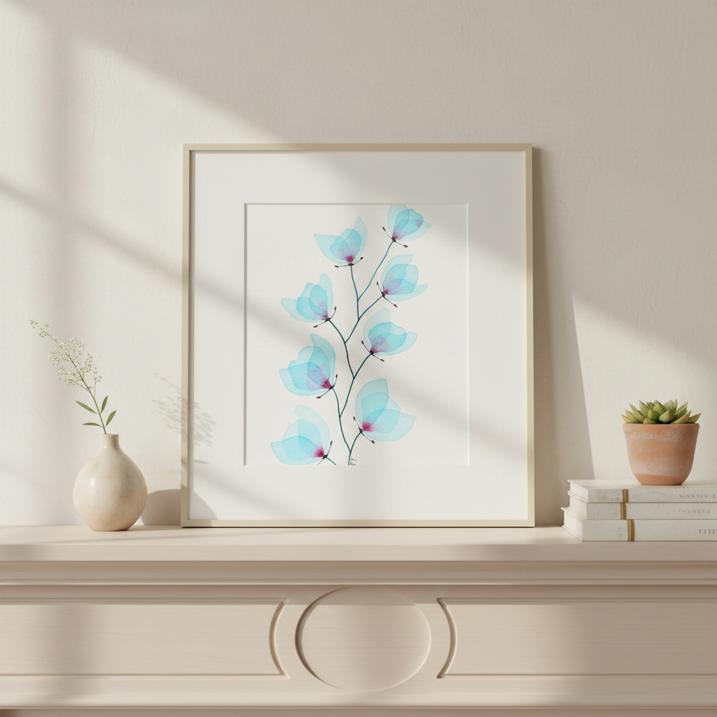 Dancing Petals #27 botanical painting displayed on a bright cream fireplace mantle