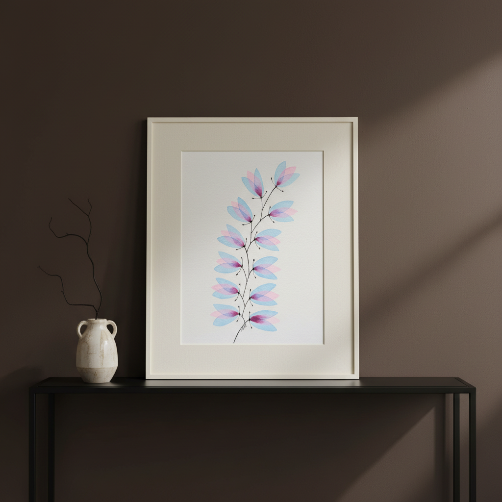 Garden Whispers #21 botanical painting displayed on a dark console against an espresso wall