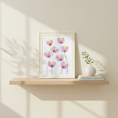 Joyful Garden #29 botanical painting displayed on a pale oak shelf in bright morning light