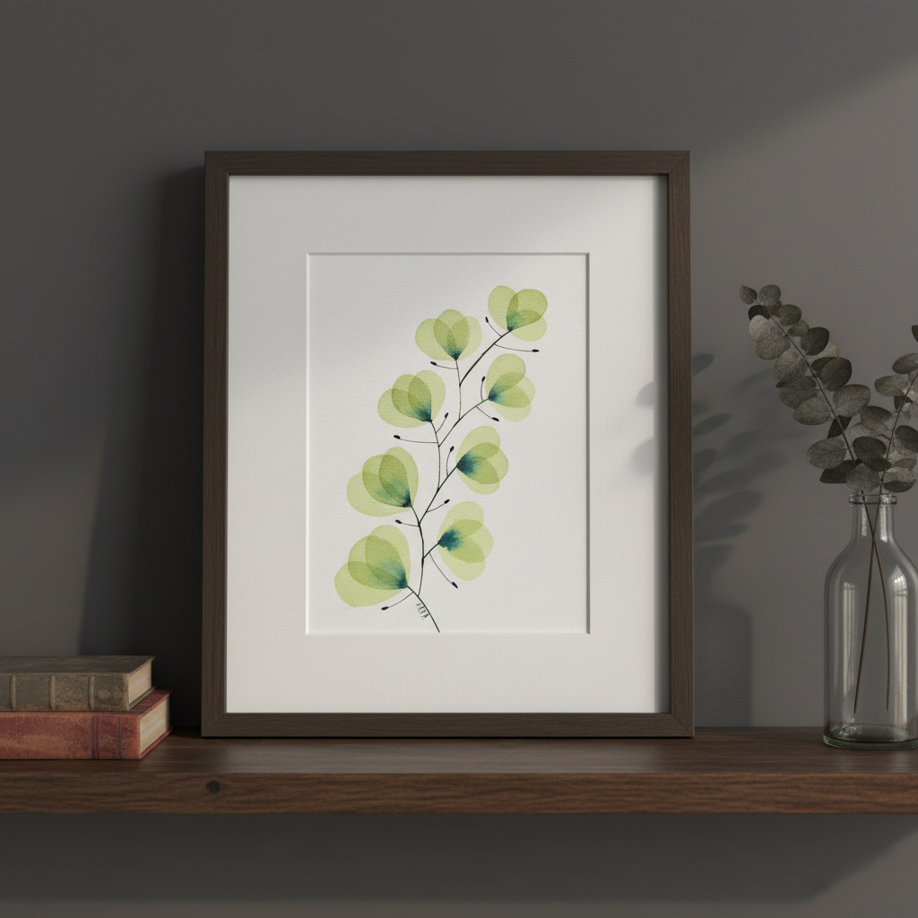 Sage green leaf botanical ink painting framed on a dark moody wooden shelf
