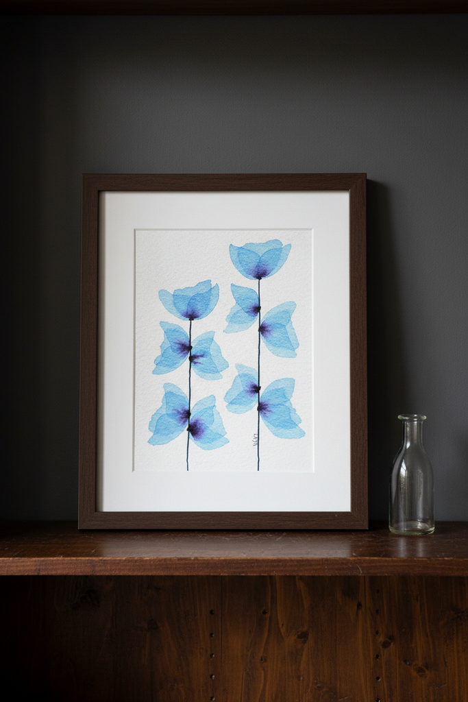 Blue Poppy Stems - dark moody shelf