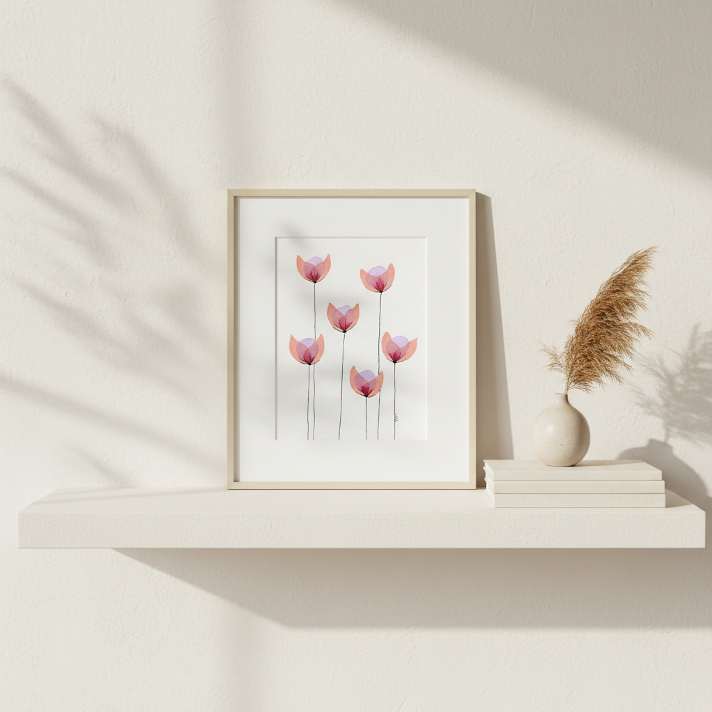 Petal Daydream #22 botanical painting displayed on a bright white floating shelf