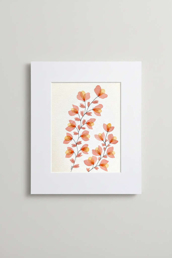 Pink Blossom Branch botanical artwork in white mat on neutral background