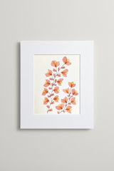 Pink Blossom Branch botanical artwork in white mat on neutral background