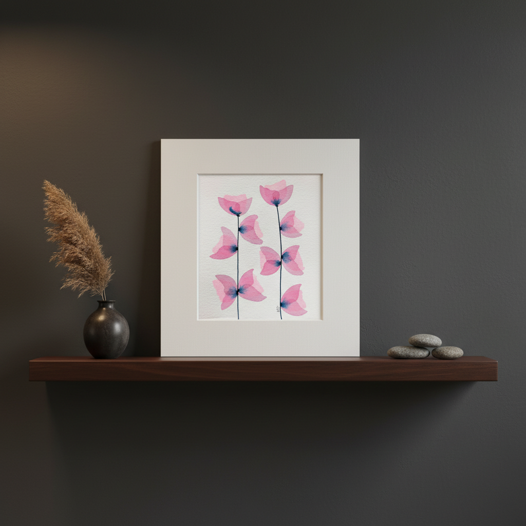 Pink Botanical Bloom #20 acrylic ink painting displayed on a dark shelf