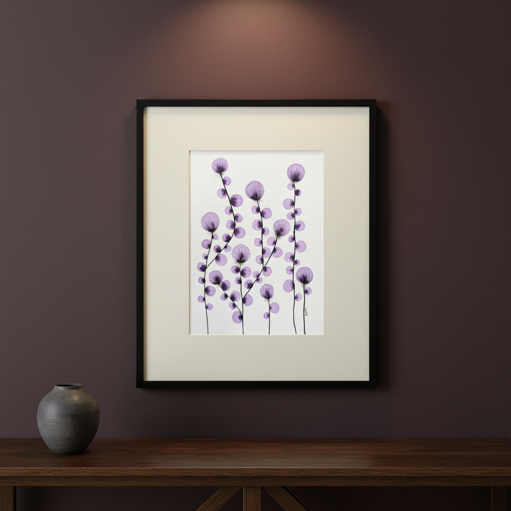 Blooming Celebration #30 botanical painting displayed on a dark oak console against a burgundy-charcoal wall
