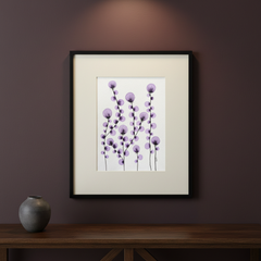 Blooming Celebration #30 botanical painting displayed on a dark oak console against a burgundy-charcoal wall