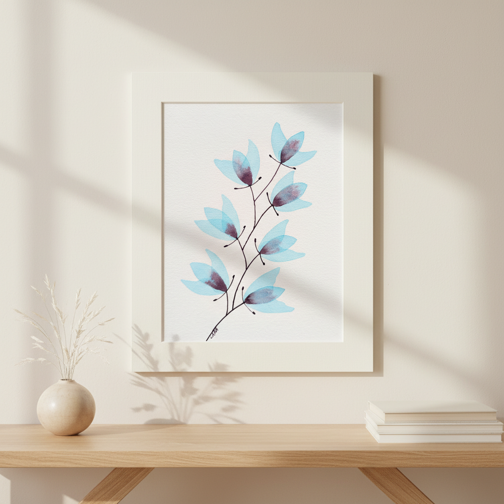 Blooming Chorus #25 botanical painting displayed on a pale oak console in soft morning light