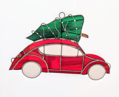 Red VW Beetle with Christmas Tree Stained Glass