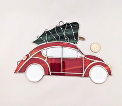 Red VW Beetle with Christmas Tree Stained Glass