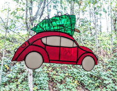 Red VW Beetle with Christmas Tree Stained Glass