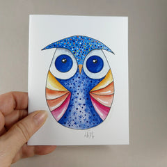 Whimsical Owl - Blue - Blank Note Card