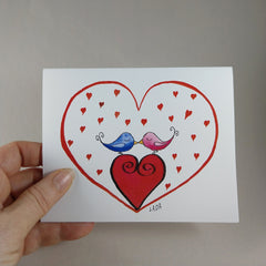 Whimsical Birds Kissing in Red Heart - Blank Note Card