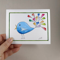 Bird With Color Heart Tail - Blank Card