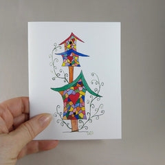 Colorful Mosaic Bird House - Blank Card